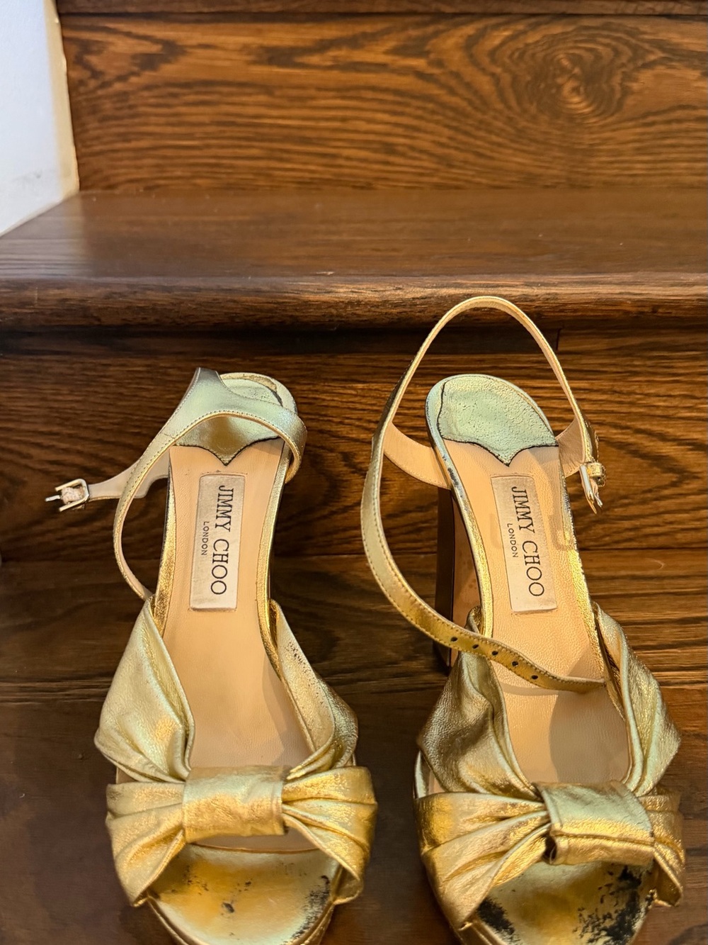 Jimmy Choo Metallic Gold Knot-Front Slingback Heels